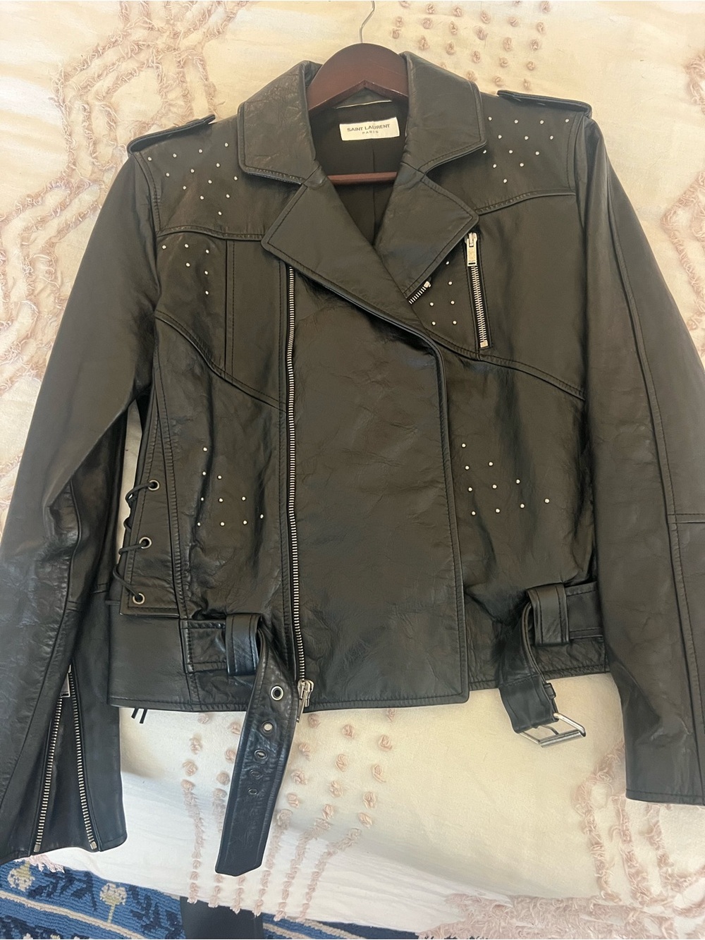 Saint Laurent Black Leather Studded Biker Jacket